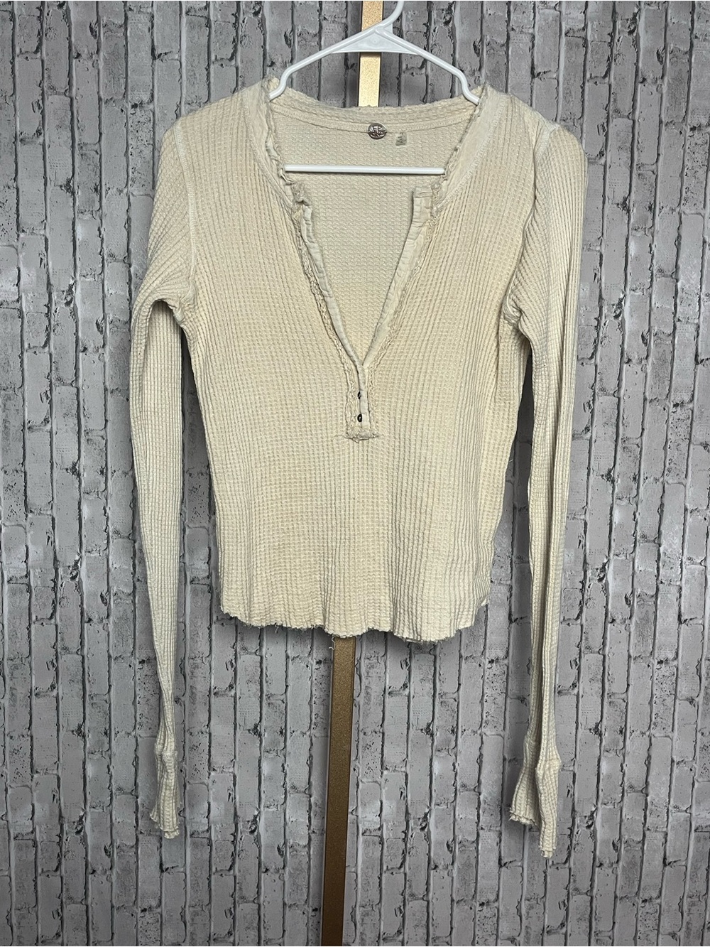 Free People FP One Colt Waffle Knit Henley Thermal Top Cream Small raw hem